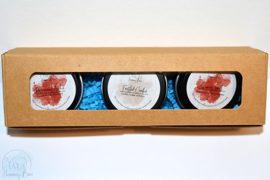 Holiday Sample Pack | Three .75oz Candles | Peppermint Mocha, Frosted Cookie, & Snowy Trails